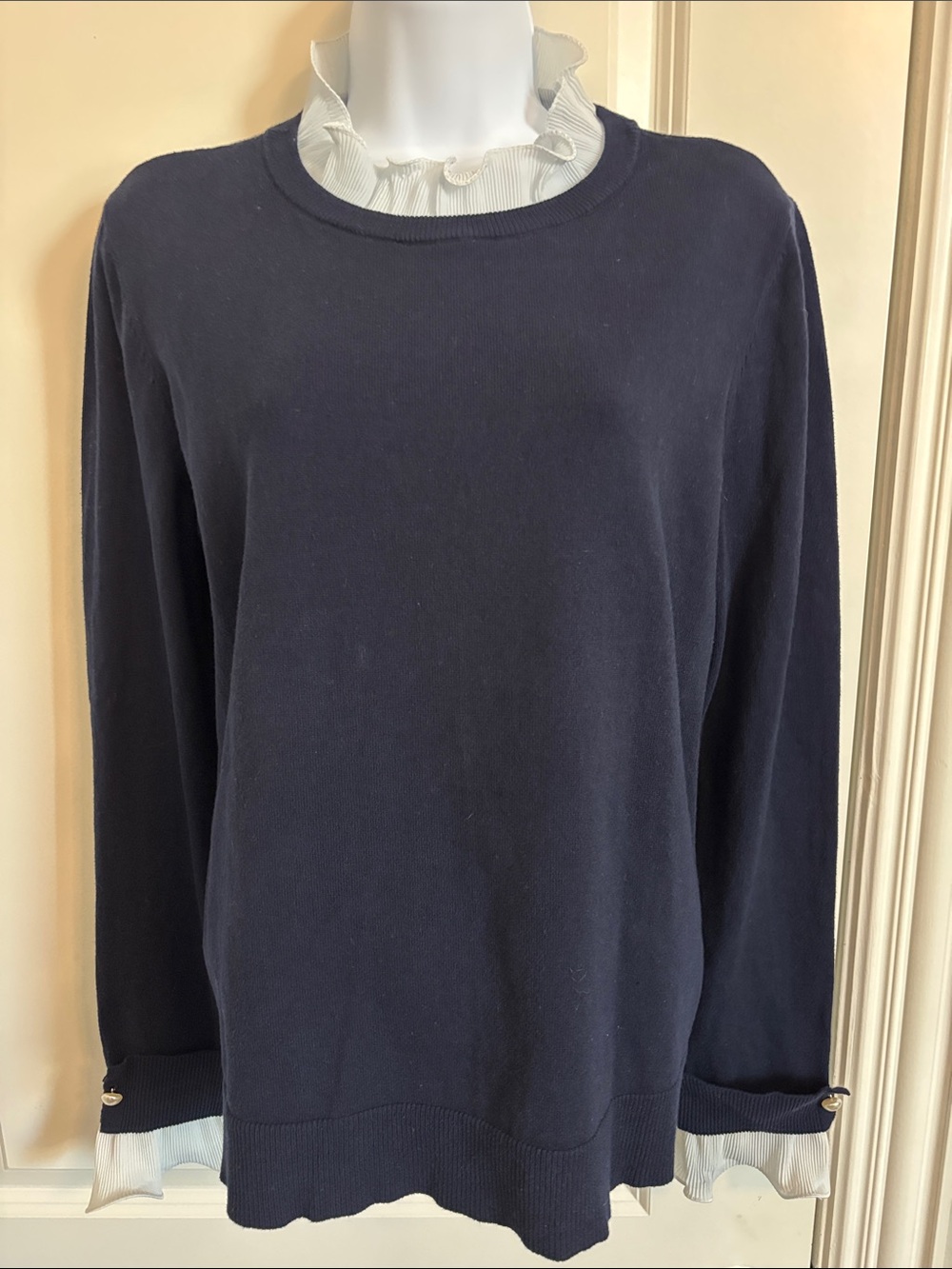 CeCe Classic Navy Crewneck Ruffle Accent women’s Sweater M (#50Sw)